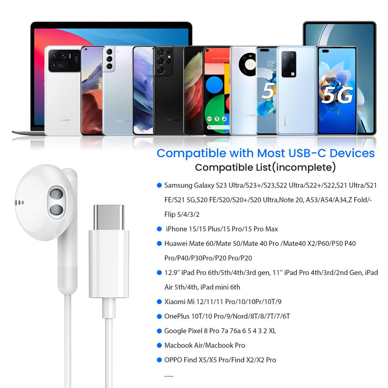 USB C Headphones for iPhone 16 15 Pro Max Plus iPad Pro USB C Earphones with Microphone Volume Control USB C Wired Earbuds USB Type C Earphone for Google Pixel 8 7 6A 5 Samsung S24 S23 S22 S21 S20 A55 White