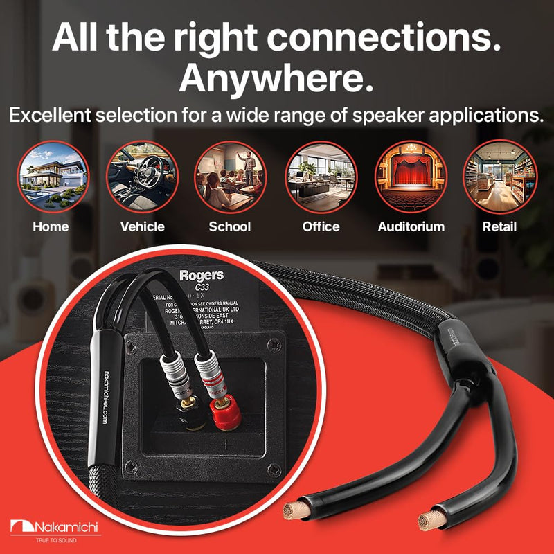 Nakamichi Excel Series 24k Gold Plated Banana Plug with (6 Feet) 12AWG Speaker Cable Wire 99.9% Oxygen-Free Copper (OFC) Heavy Duty Braided for Amplifier Hi-Fi Home Theatre - Black (6ft/1.8m) 6-Feet (1.8m) Black (12 AWG)