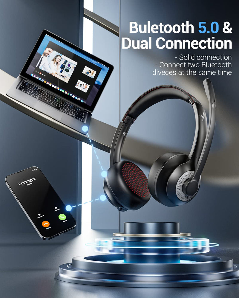 Bluetooth Headset with Microphone, Wireless Headphones with ENC Noise Cancelling mic Mute V5.2 On-Ear Wired for Laptop/iPhone/Android/Cell Phones/Computer/Zoom/Skype Bluetooth