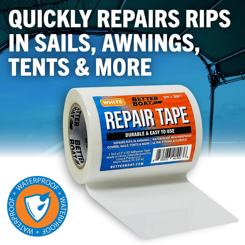 Repair Tape Fabric Repair Boat Covers Canvas Repair Tape Pop Up Camper RV Awning Repair Tape Tarp Canopy Tear & Vinyl Waterproof Bimini Tops Sail Air Mattress Patch Kit 30FTx3 White Heavy Duty