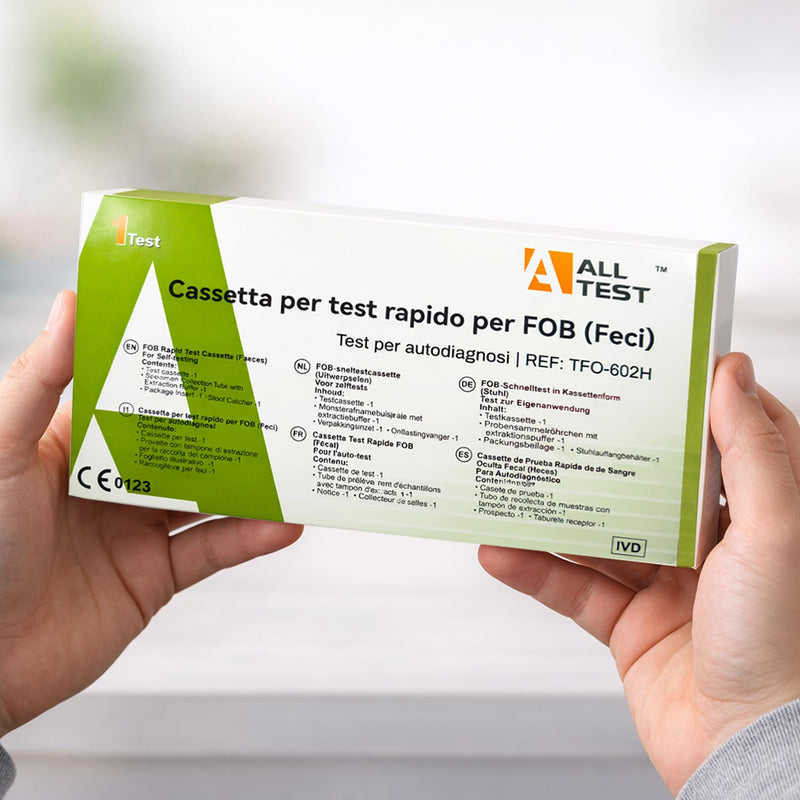 FOB Quick Test (Chair) 2 Tests - Self Test for Occult Blood in Stool - Home Use | Dual Antibody · Collection Tube · Extraction Buffer · 99.1% Agreement · 3-Step Application · CE 0123
