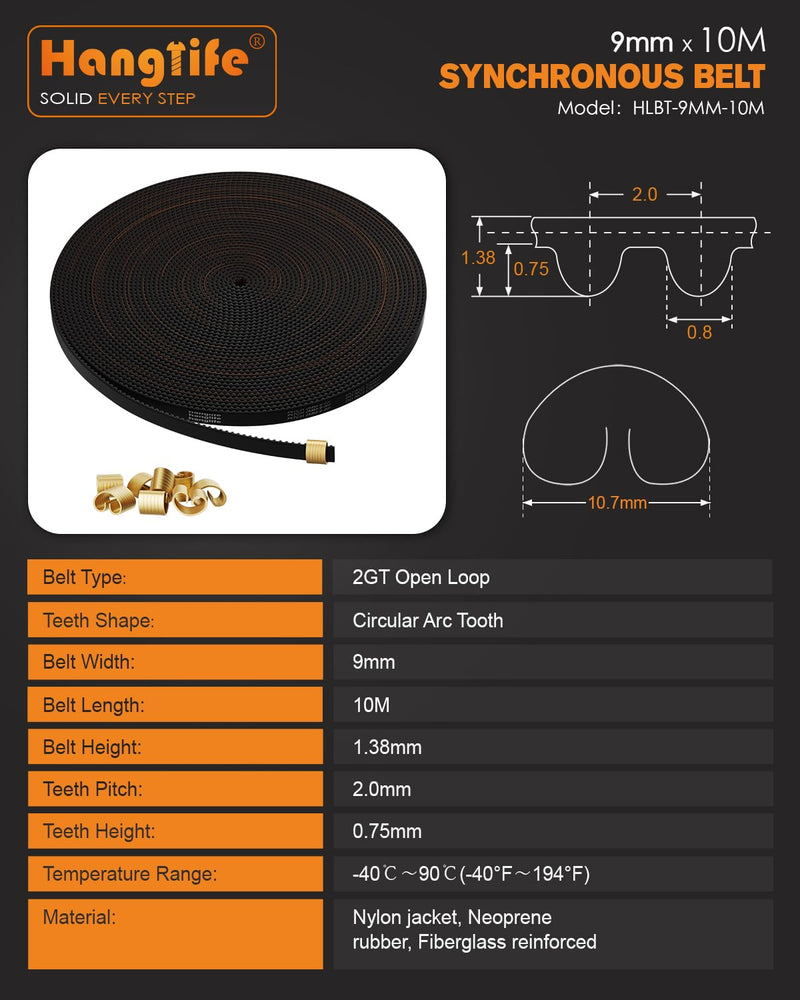 HANGLIFE GT2 Timing Belt with Copper Buckle - 3D Printer Open Synchronous Belt (2mm Pitch) 3D Printer Accessories - 9mm x 10M (32.8ft)