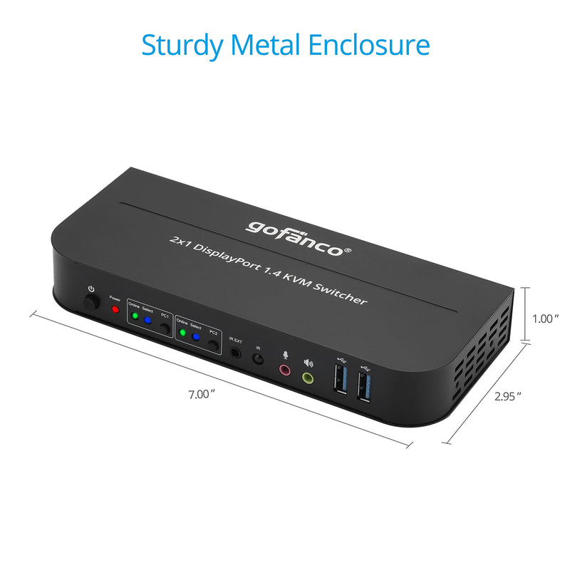 gofanco 2 Port 4K 60HZ DisplayPort KVM Switch with USB 3.0 – DisplayPort 1.4, 4K @60Hz 4:4:4, HDR, HDCP 2.2/1.4, USB Keyboard/Mouse, USB 3.0 Hub, MIC in, Stereo Out, IR Remote, Hotkeys (KVMDP-2P) 2 Port DisplayPort