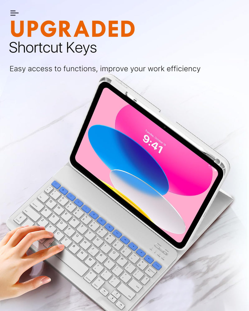 MoKo Keyboard Case for iPad 10th Generation Case with Keyboard, iPad 10th Generation Keyboard with Pencil Holder, Multi-Angle Detachable Bluetooth Keyboard for iPad 10th Generation, White