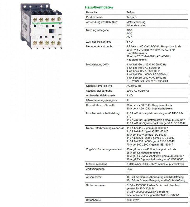 Schneider Schtz LC1-K0910P7 | 3-pin, +1S, 4kW, 9A, 400V AC3, coil 230V AC Coil 230 V AC 9 A 4 kW