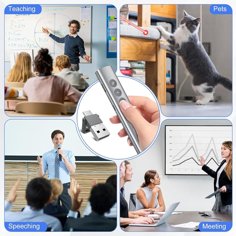 Rechargeable Presentation Clicker, 2 in 1 USB-A USB-C Metal Wireless Remote Powerpoint Slide Clicker with Volume Control for PPT/Mac/Laptop/Computer, Google Slide Advancer Bright Red Light
