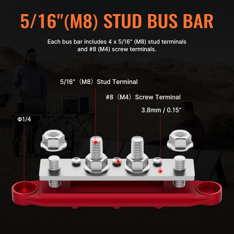 Joinfworld 12V Power Distribution Block 250A Bus Bar with 4 x 5/16" Studs Marine Battery Busbar Terminal Block for Automotive, Car, Boat, Solar Wiring - Positive&Negative 250A 4 x 5/16"(M8) Studs