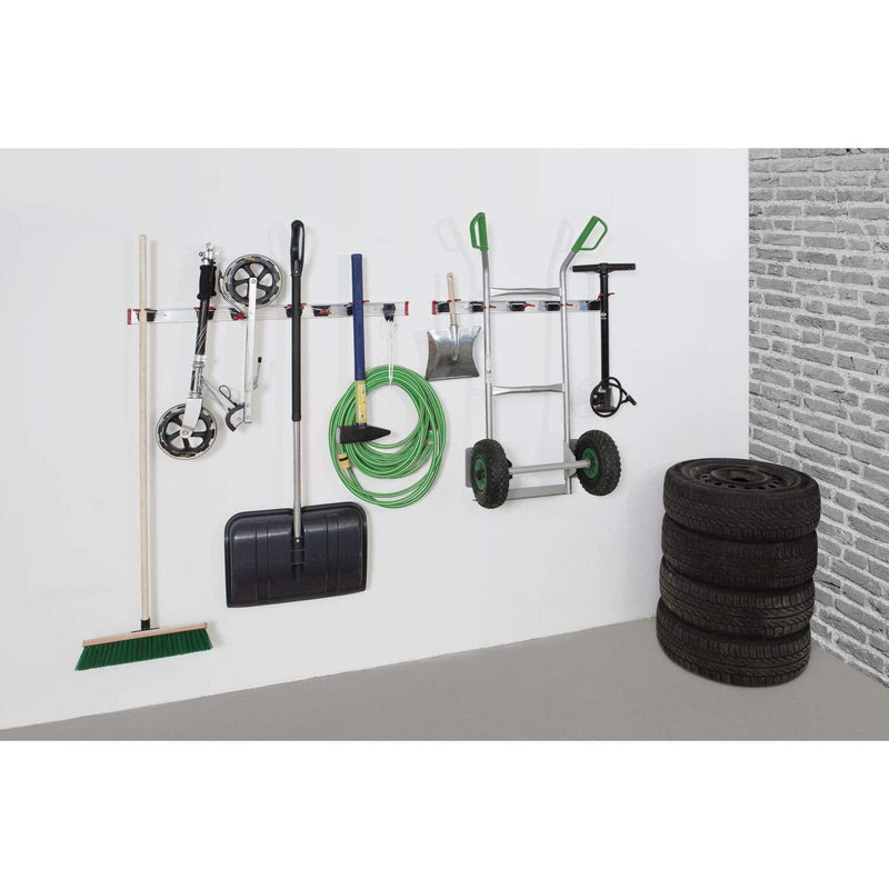 BRUNS 107869770-2_107869768-2_107869773 Aluminum tool holder set, including, 2x 1000 mm, flexible hook strip for garden tools, silver, 2 rails 1m + 14 holders + 4 hooks