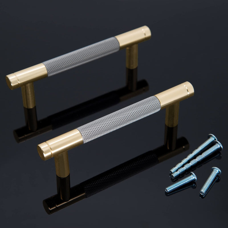 Knurled Cabinet Pulls 12 Pack, 5 Inch Long Cabinet Handles Metal Door Pulls, Kitchen Drawer Pull Knurled Dresser Handles - 3 3/4" Hole to Hole, Grey & Gold 96mm | 3-3/4 inch C/C Gray