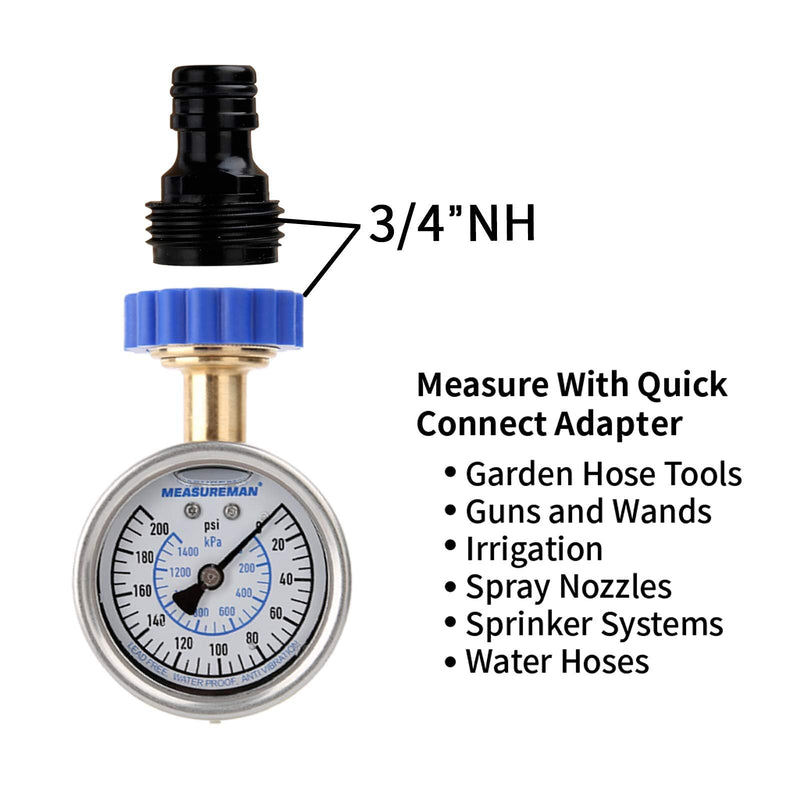 MEASUREMAN 2-1/2" Water Pressure Gauge Kit 6 Parts Kit, Lead-Free Brass, 2-1/2" dial, 0-200 Psi，Glycerin Filled,3/4" Hose Thread, Plus 5 Adapters Integral Stainless Steel Case(7in1)