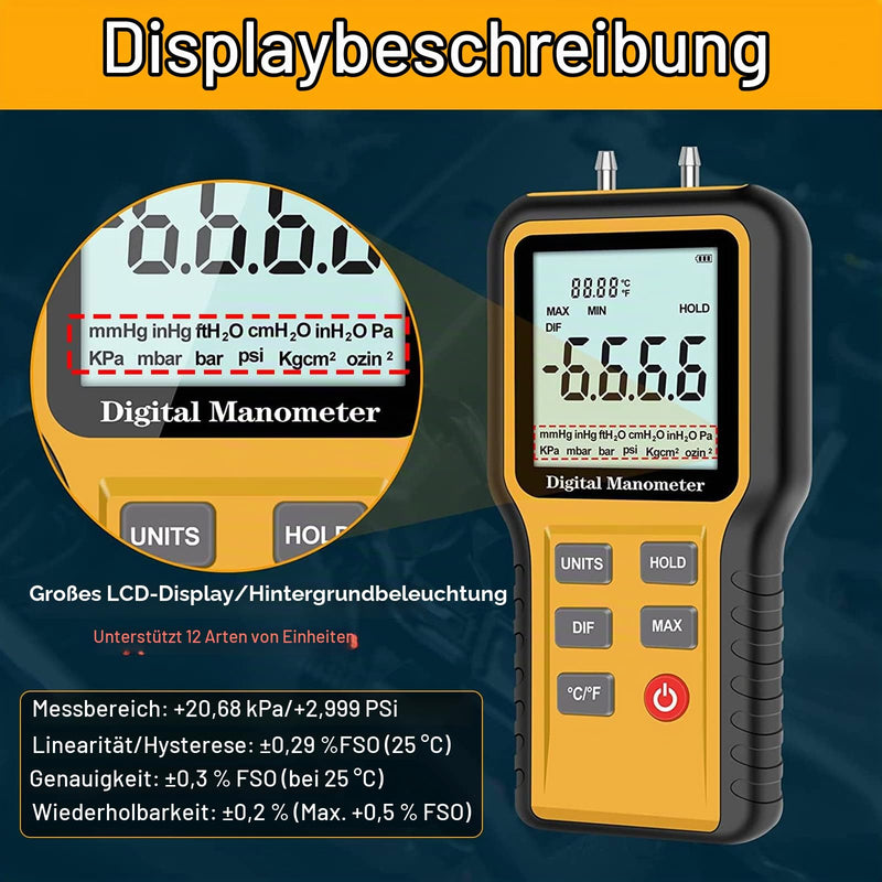 Differential Pressure Gauge Gas Pressure Gauge Dual Port Professional Pressure Gauge Air Pressure Meter 12 Selectable Units Differential Pressure Gauge with Battery & Backlight HVAC Yellow (12 units)