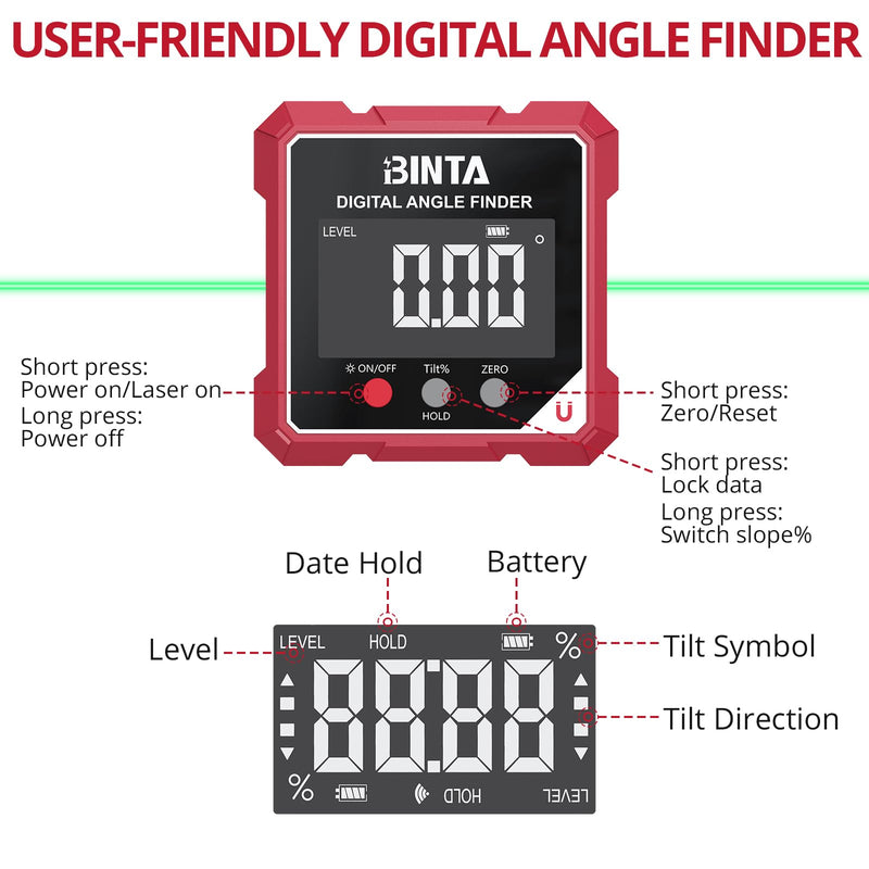 BINTA Digital Angle Finder with Laser, 4-side Magnetic Angle Gauge, USB-C Rechargeable IP54 Waterproof Inclinometer, Table Saw Miter Protractor Laser Level for Woodworking Construction DIY Green Line Black and Red Green-Dual Laser