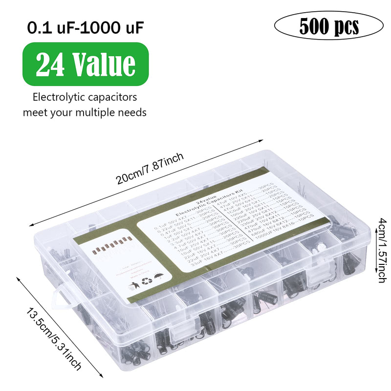 Elkos capacitor aluminum electrolytic capacitor 10V 16V 25V 50V assortment kit capacity 0.1uF to 1000uF with storage box 24 value 500 pieces