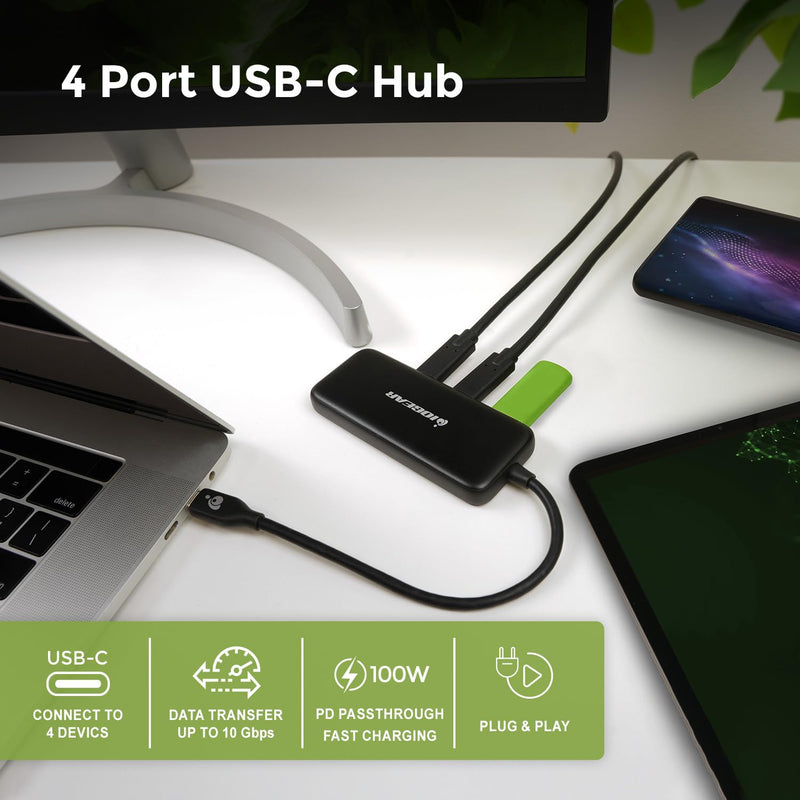 IOGEAR 4-Port USB-C Hub, USB 3.2 Gen 2 10Gbps, 100W Power Pass-Through, High-Speed USB-C Expansion Hub for SSDs, Hard Drives, Laptops, macOS, Windows (GUH3C4C)