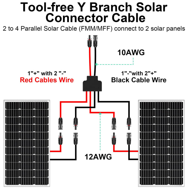 Solar Connectors Cable for 2 Solar Panels, Parallel 10AWG Solar Panel Connectors Y Branch Adapter Tool-Free (FMM/MFF) For 2 Solar Panels 1.6FT (FMM/MFF)