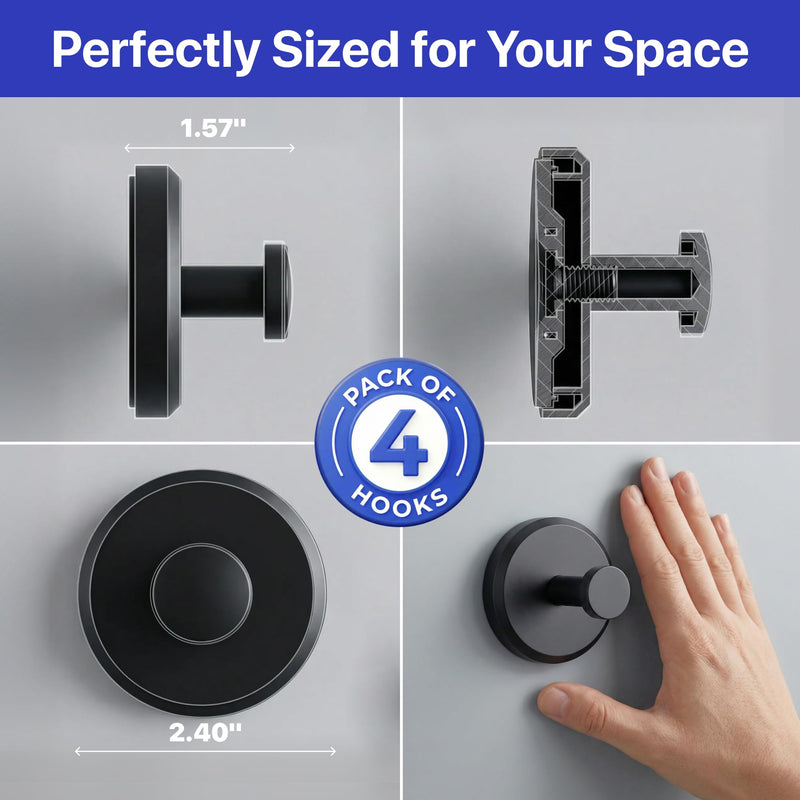 HOME SO Suction Cup Hooks for Shower & Bathroom Towel Holder 4-Pack – Suction Cups Hooks for Hanging Towels, Robes, & Coats - Tiles, Glass Door or Mirror – Shower Hooks & Towel Hooks Organizer - Black Matte Black 4 Pack