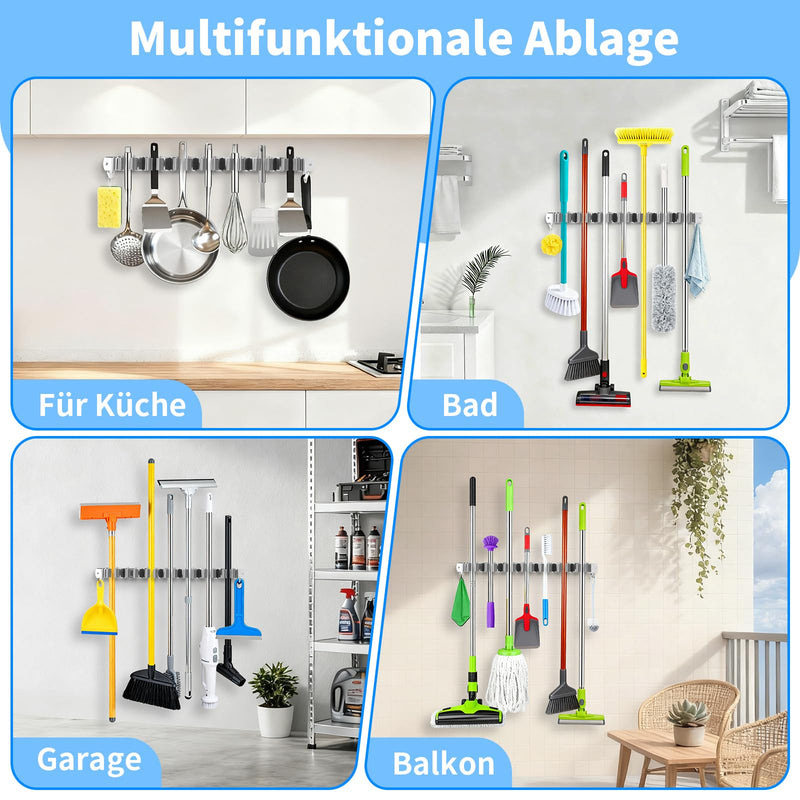 Broom Holder Wall, 7 Holders + 2 Hooks Garden Tools Holder, Wall Mount Broom 304 Stainless Steel Garden Tool Holder for Broom Holder, Device Holder Wall, Self-Adhesive Hanging Garden Tools