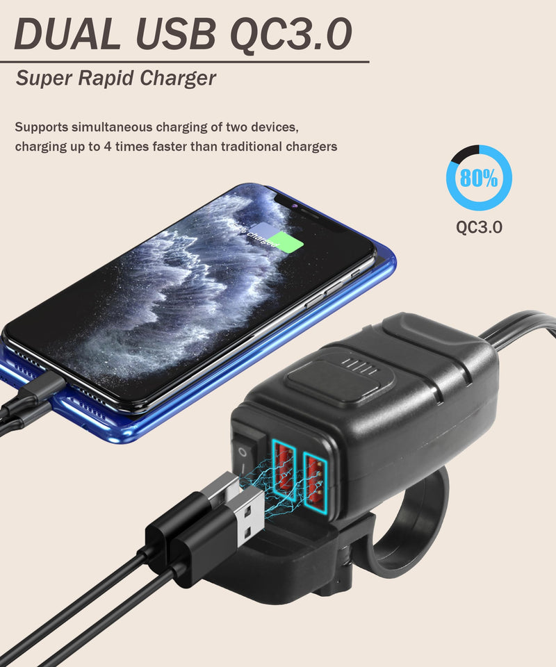 Motorcycle Phone Charger,Motorcycle USB Charger,Car Accessories Motorcycle USB Port with Voltmeter & ON/Off Switch,Motorcycle USB Charger Waterproof,SAE to USB Adapter for Phone,Tablet,GPS
