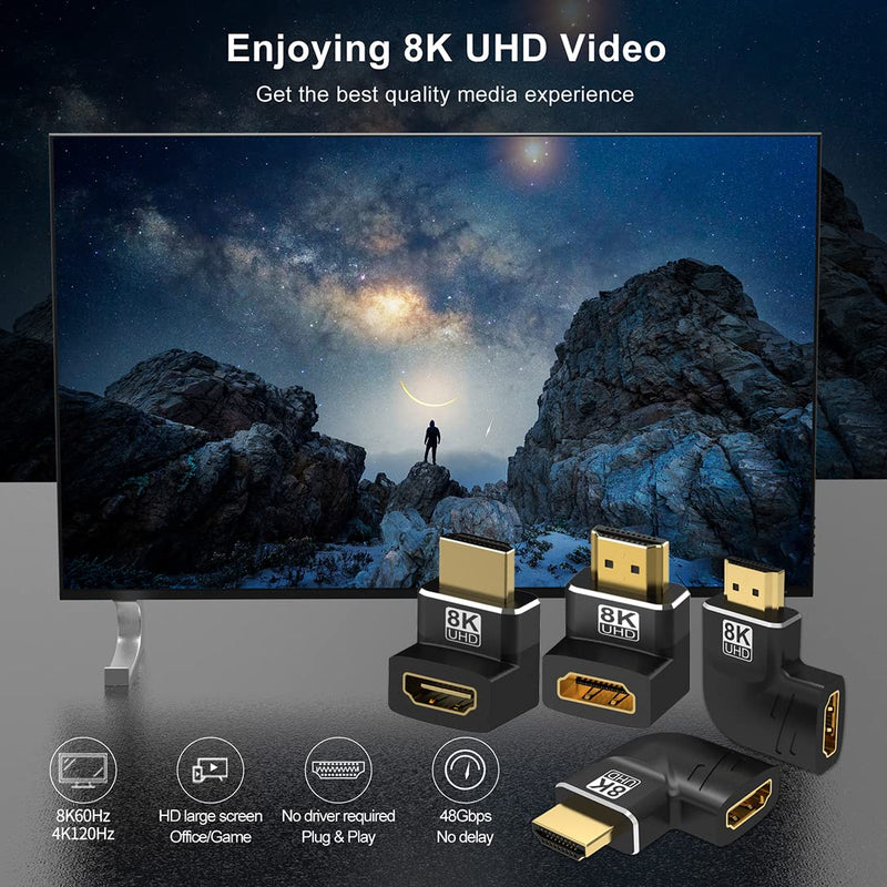 4 Pack 8K HDMI 2.1 Male to Female Adapter Connector Up Down Left Right Angle 90 270 Degree Gold Plated Support 8K@60Hz,4K@120Hz,HDR,eARC for PC Laptop HDTV Switch PS4 PS5 Up/Down & Left/Right Angle