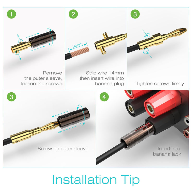 FosPower Banana Plugs 6 Pairs / 12 pcs, Closed Screw 24K Gold Plated Banana Speaker Plug Connectors for Speaker Wire, Wall Plate, Home Theater, Audio/Video Receiver, Amplifiers and Sound Systems