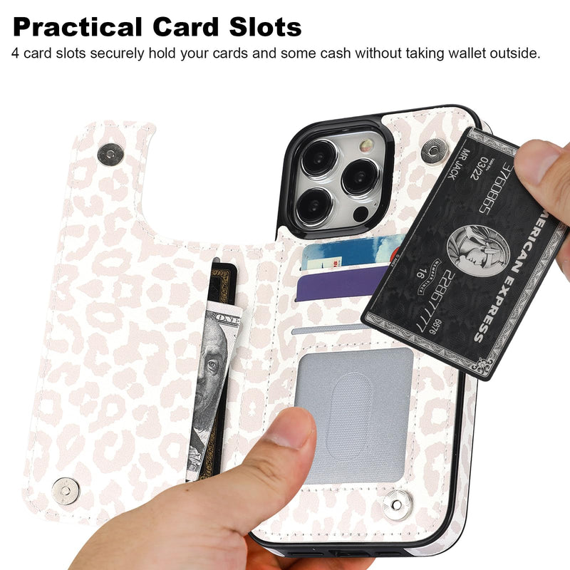 HAOPINSH for iPhone 15 Pro Max Case Wallet with Card Holder, White Leopard Cheetah Pattern Back Flip Folio PU Leather Kickstand Card Slots Case for Women Girls, Double Magnetic Clasp Cover 6.7"