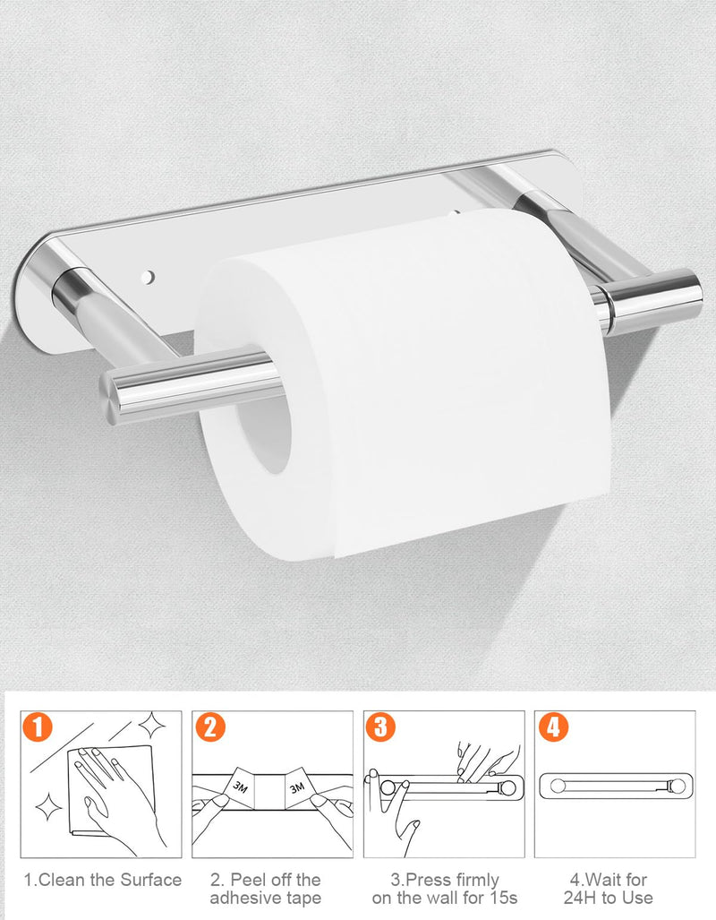 YUET Toilet Roll Holder, Self Adhesive or Screw In Wall Mounted Options, Double Post Pivoting Tissue Roll Holder, Stainless Steel Rustproof Stick On No Drilling Wall Mount for Bathroom Poilshed Chrome Chrome-pivoting
