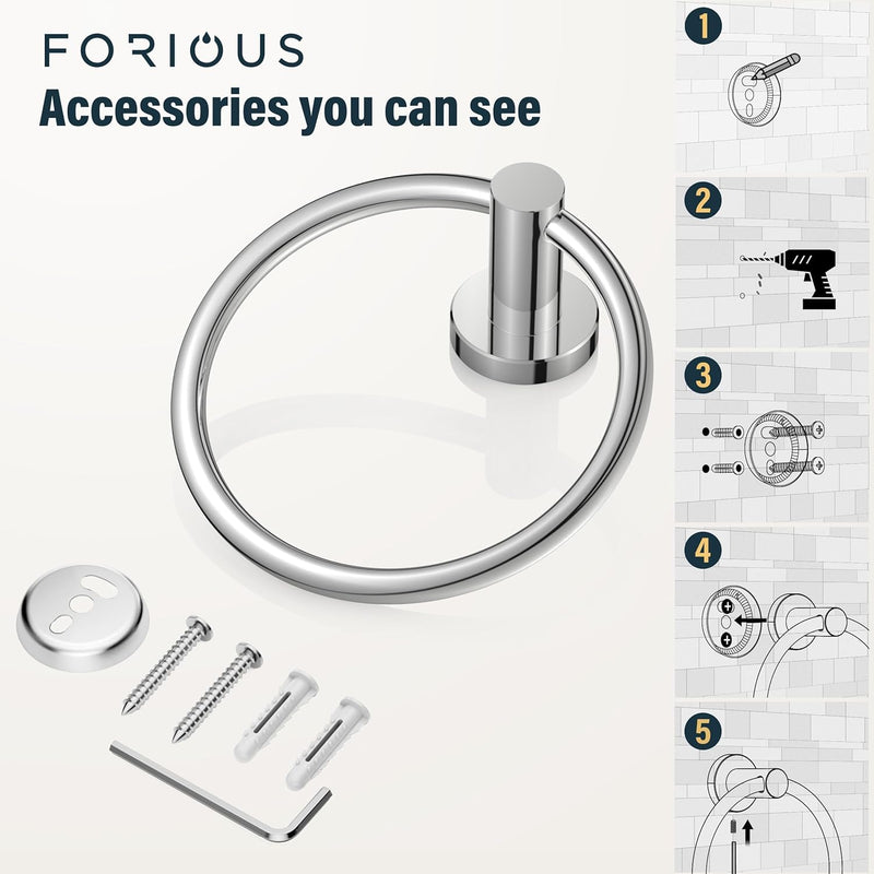 FORIOUS Towel Ring, SUS304 Stainless Steel Modern Hand Towel Holder Rack Hanger Round for Bathroom Wall Mounted, Ideal for Bath, Kitchen, RV, Chrome(2 Pack) 2