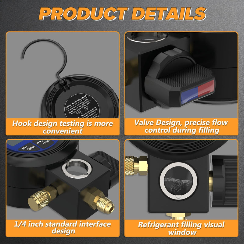 Digital Air Conditioning Pressure Gauge, Pressure Vacuum and Leaks | Refrigerant filling, compatible with 24 refrigerant types R32 R1234yf R134a, ±0.5% FS accuracy, digital vacuum gauge