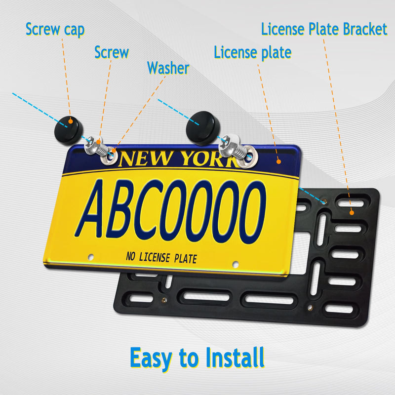 Aootf Front License Plate Bracket Holder - Universal Front Bumper License Plate Mounting Kit, 2 Drill Holes Car Tag Adapter with Anti Theft Stainless Steel Screw Bolt Caps Black Bracket