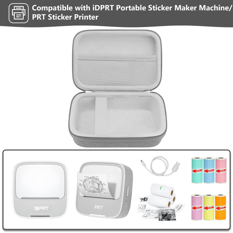 Hard Case for iDPRT/PRT/HPRT Portable Sticker Maker Machine Sticker Printer, Mini Thermal Printer Bluetooth Portable Storage Case with Mesh Pocket for Roll Paper, Grey
