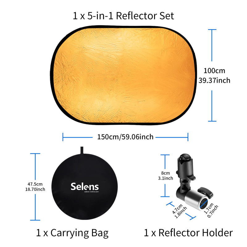 Selens 40"x 60"/100 x 150CM Photo Light Reflector Photography Kit 5-in-1 Gold/Silver/White/Black/Diffuser with Holder Clip & Collapsible Multi-Disc Carrying Case for Studio Outdoor Lighting
