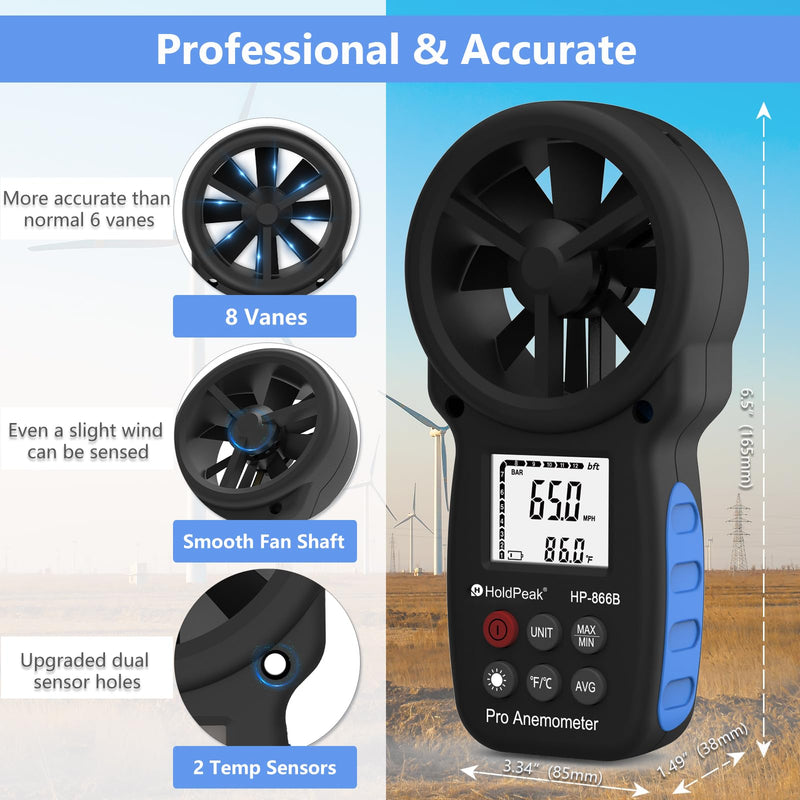 BT100 Digital Anemometer Handheld Wind Speed Meter for Measuring Wind Speed, Temperature/Wind Chill with Backlight and Max/Min (866B)