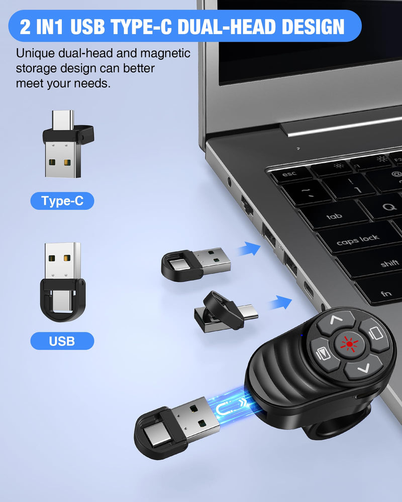 Wireless Finger Ring Presentation Clicker with Laser Pointer & Volume Control - Wearable Slide Advancer Remote for PowerPoint, Mac, Computer, Laptop Red Light-Rechargeable with Finger Ring