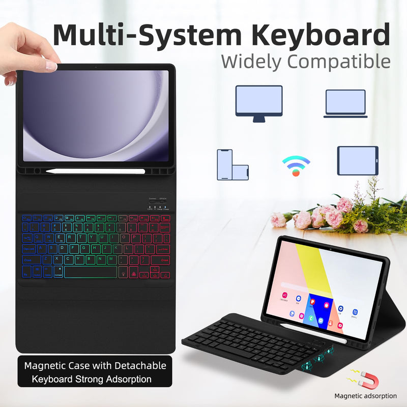 Case with Keyboard for Samsung Galaxy Tab A9 Plus 11 inch (SM-X210/X215/X216/X218),7 Color Rainbow Backlight Detachable Keyboard Magnetic Case with Pen Slot for Tablet A9+ 5G Black For Samsung Galaxy Tab A9+ 11 inch 2023 Black + Black