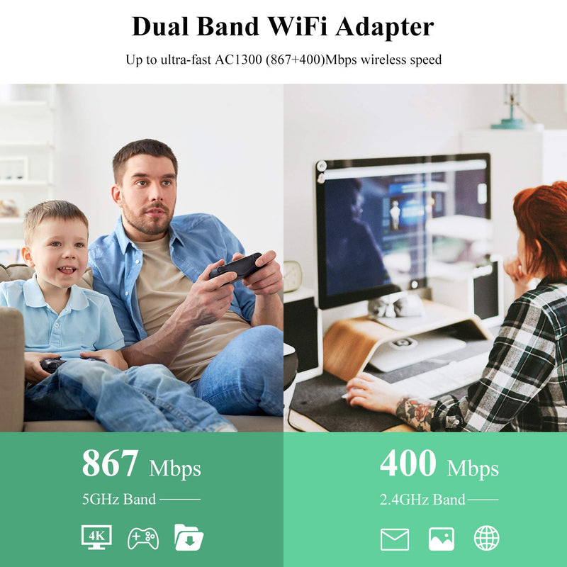 WAVLINK USB3.0 WiFi Adapter, AC1300Mbps Wireless Network Adapter for Desktop PC, Dual Band 5GHz+2.4GHz WLAN with High Gain 2X 3dBi Antennas for Windows XP/Vista/7/8/8.1/10/11 MacOS 10.7-10.15 AC1300M USB 3.0 WiFi Adapter