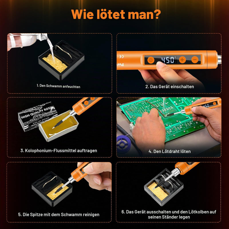 Battery Soldering Iron Set with Stand, Portable Wireless Soldering Iron with LCD, Adjustable Temperature 180-450°C, 3 Soldering Tips, Suitable for Repair Circuit Boards, Welding Repairs - Orange