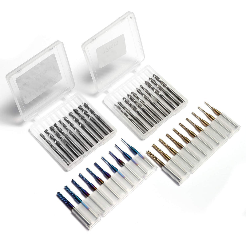 Genmitsu end mill set with a total of 40 CNC router bits, 3.175mm (1/8") shank, CNC milling cutter set with 2-groove flat and ball nose milling cutters, Nano Blue coating & titanium coating, MC40A MC40A (40PCS)