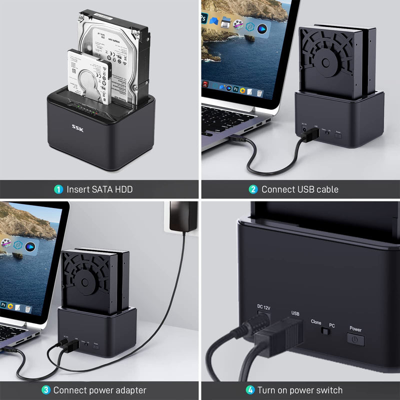 SSK Aluminum Hard Drive Docking Station, USB 3.0 to SATA Dual Bay External HDD Dock Caddy Reader for 2.5 & 3.5 inch SATA HDD SSD, with UASP Offline Cloner/Duplicator Function (2x20TB Supports) Black