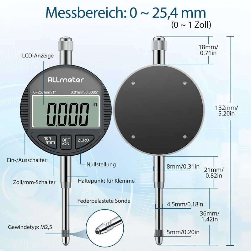 Digital Dial Indicator 0.01 mm / 0.0005 inch, Precise Dial Gauge Digital with LCD Display, Measuring Range 0-25.4 mm (1 inch), Switchable Between mm/Inch, Ideal for Mechanical Engineering, 3D Printer Dial Indicator, Black 25,4mm / 0,01mm