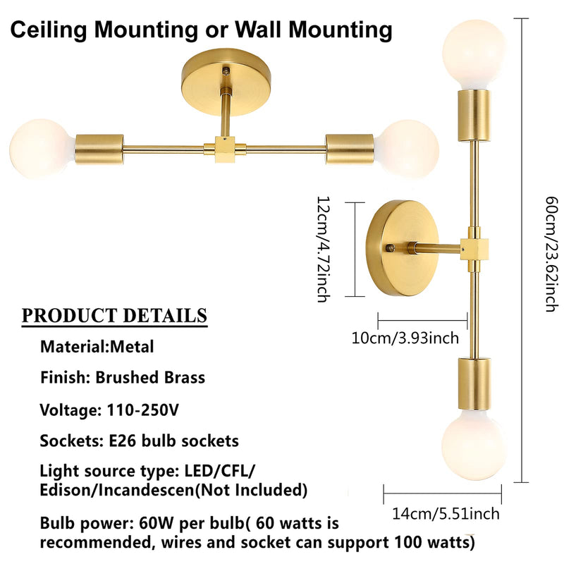 Brushed Brass Wall Sconce 2 Lights Bathroom Vanity Modern Industrial Wall Lamp Wall Mount Lighting Fixture（Gold Color） Gold 2-Lights