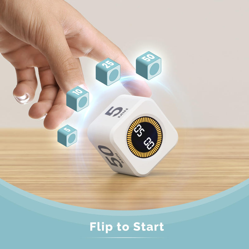 KADAMS Pomodoro Cube Timer Productivity Visual Timer - 5/10/25/50 Min Rotating Countdown, Customize Countup Silent Mode- for Work Study Cook Workout Kitchen Back to School Classroom (White, 2 Pack) White + White