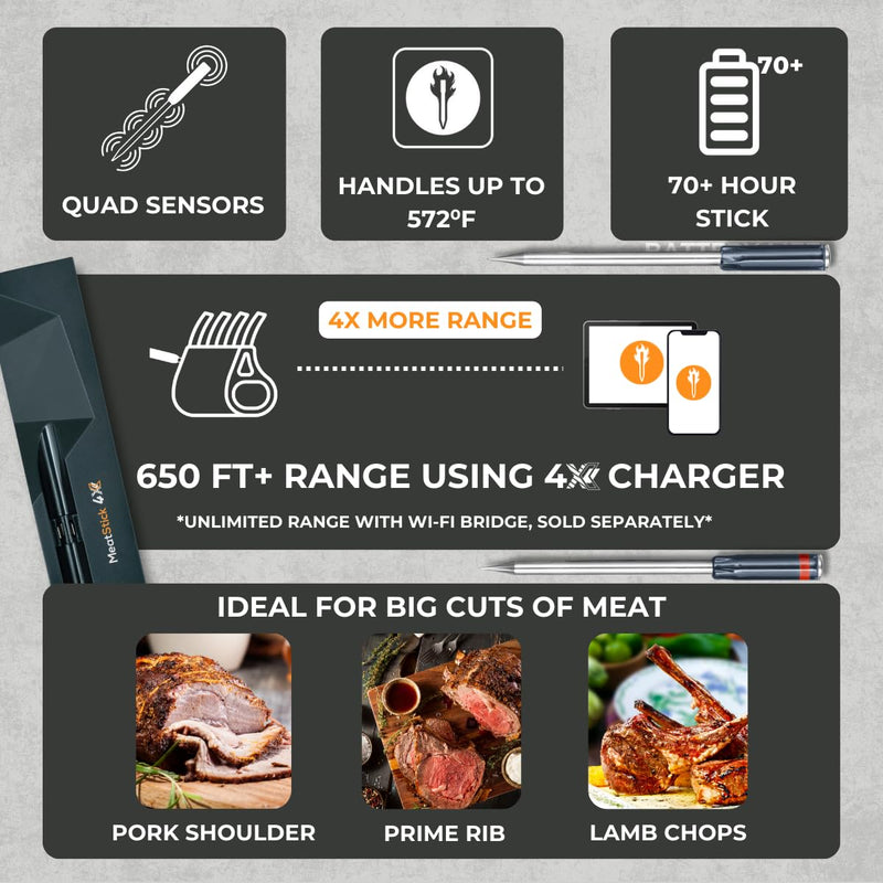 MeatStick 4X Wireless Meat Thermometer for Grilling and Smoking, Bluetooth Temperature Probe with 4 Sensors, 650ft+ Range for BBQ, Smoker, Oven MeatStick 4X Set (650ft Range)