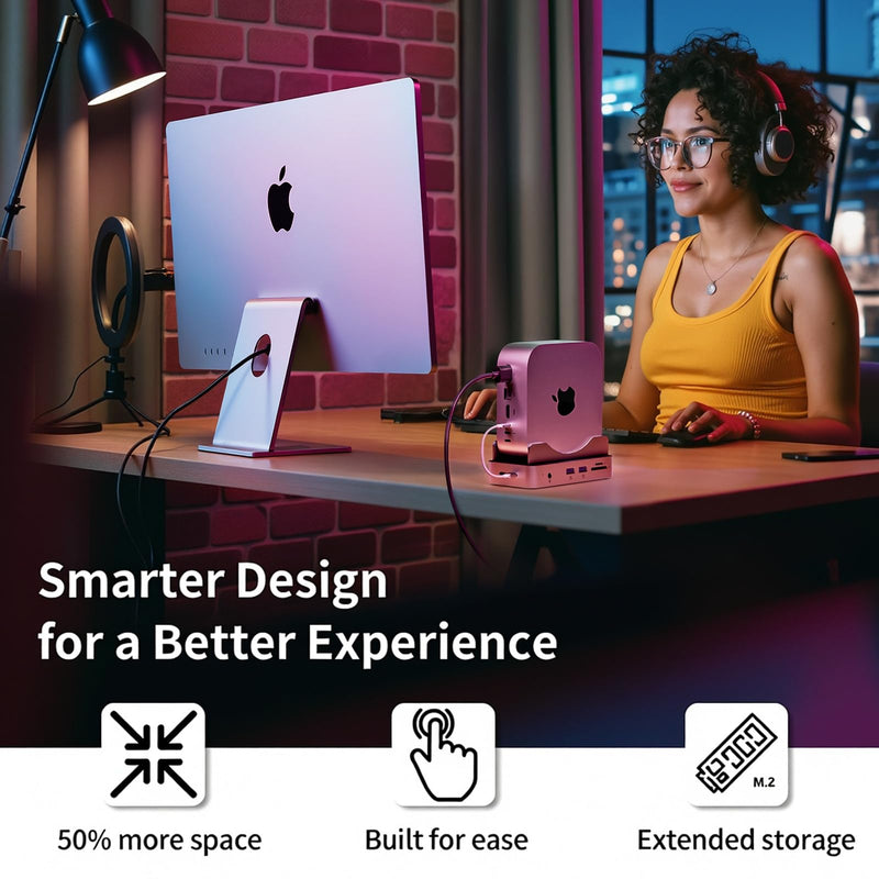 Phixero M4 Mac mini Dock with NVMe SSD Enclosure, 6-in-1 Aluminum Stand hub, 10Gbps USB-A, SD/TF Reader, Space-Saving Design. Single Dock
