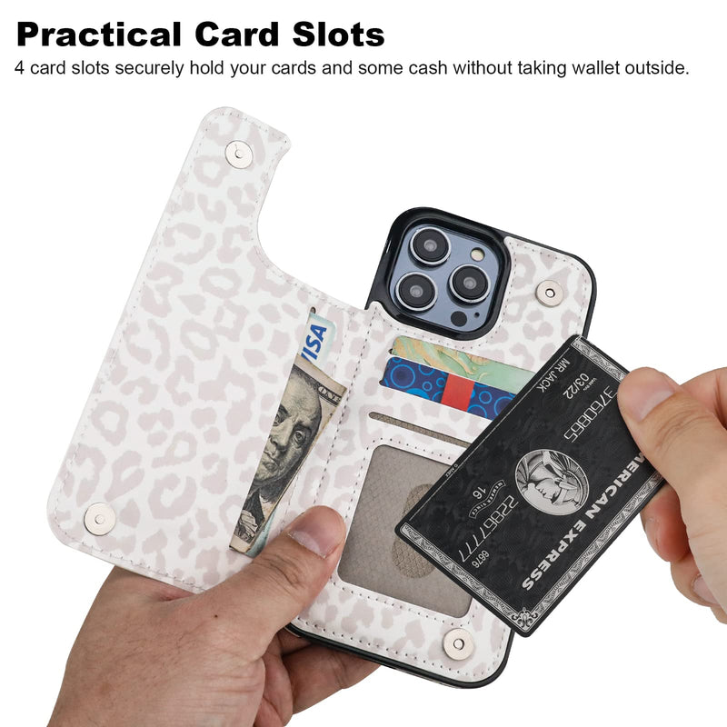 HAOPINSH iPhone 14 Pro Max Wallet Case, White Leopard Pattern, PU Leather Kickstand, Card Slots, Double Magnetic Clasp, 6.7" Shockproof