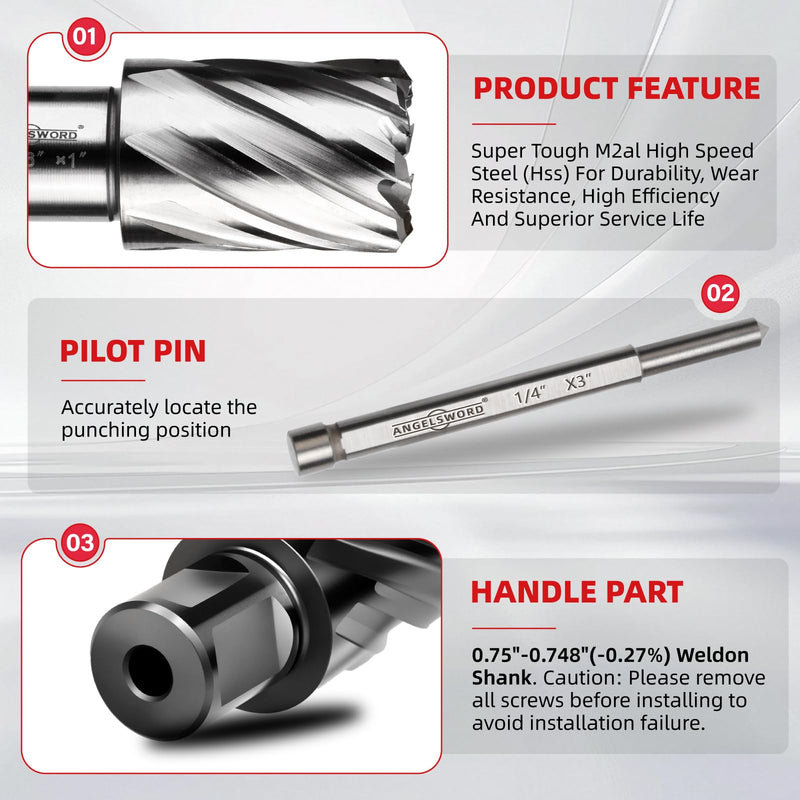 ANGELSWORD HSS Annular Cutter Diameter 7/8", Cutting Depth 2" High Speed Steel, Mag Drill Bits Kit for Magnetic Drill Press, with One 1/4"*4" Pilot Pin H. 7/8" Diameter HSS 2" Cut Depth