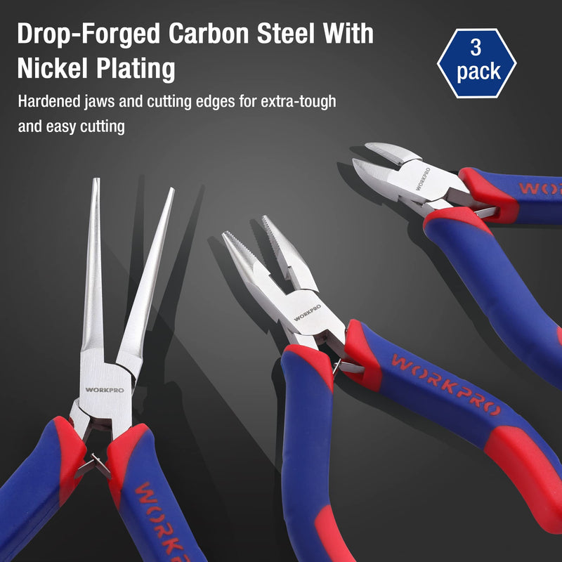 WORKPRO Mini Pliers Set, 3-Piece Small Pliers Tool Kit Includes 4” Diagonal Plier, 5” Long Nose Plier, 6” Needle Nose Plier, for Making Crafts, Repairing Electronic Devices