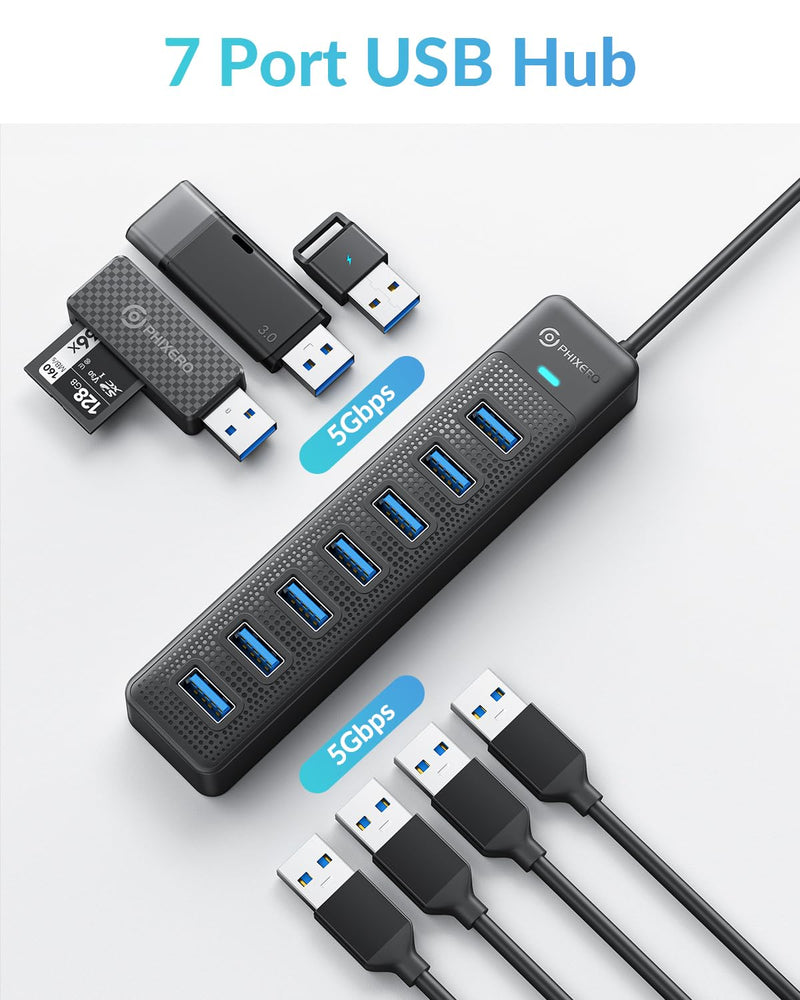 PHIXERO 7 Port USB Hub, 3.3FT/1M Long Cable USB 3.0 Hub Multi USB Port Hub Adapter Extension USB Splitter USB Hub for PC, Compatible with All USB 3.0/2.0/1.1 Device 1m Cable
