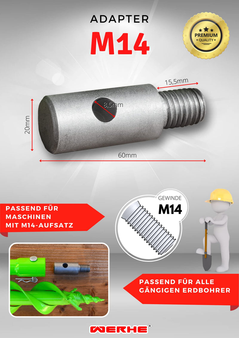 WERHE M14 Adapter for Earth Drill, High Carbon Steel Agitator Adapter for Garden | Compatible with Bosch, Makita, Einhell Drills for Fences, Posts and Trees, 6 x 2 x 2 cm, 100 g, Rustproof