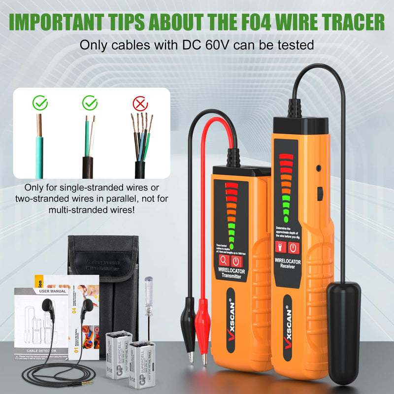 F04 Underground Wire Locator Tracer Tone Generator Kit and Probe with Earphone, Buried Wire Tester for Locating Breakage Cables & Wires Dog Fence Cables Yellow