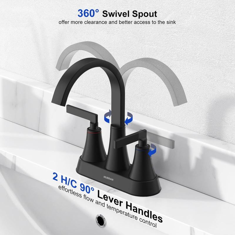 Hurran 4 inch Waterfall Bathroom Faucets with Pop-up Drain and Supply Lines | Matte Black Centerset Bathroom Sink Faucet, Stainless Steel 360 Swivel Bathroom Faucets for Sink 3 Hole Vanity RV Restroom